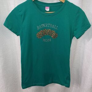 Basketball Mom Women's Shirt MEDIUM Green Bling Rhinestone Cap Sleeve Sports